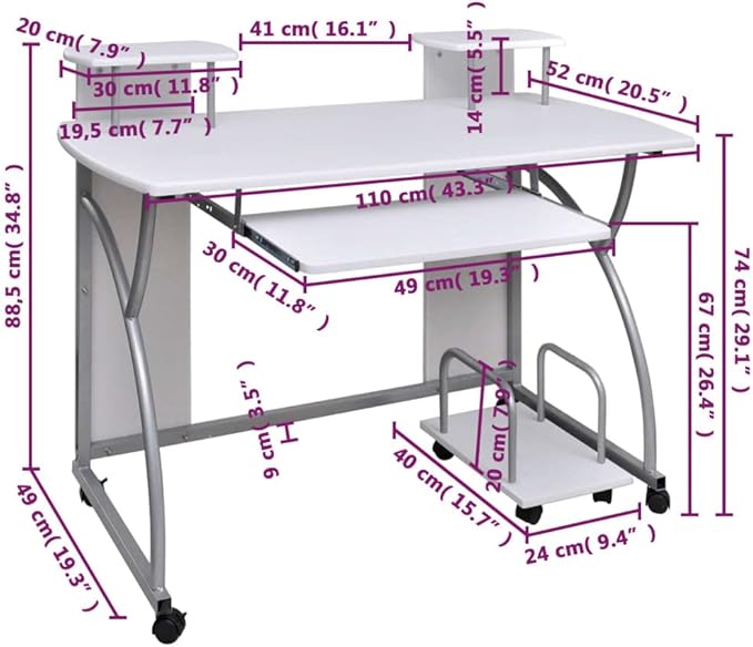 Computer Desk Plywood White 110 x 52 x 88.5 cm, Laptop Desk, Study Desk for Home Office, Study Table or Writing Table