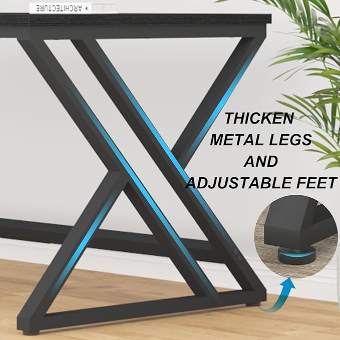 HSH Black Computer Desk, Large Modern Workstation Home Office Desk, Long Industrial Study Gaming Work Writing Desk for 2 Person, Farmhouse Double Wood Executive Pc Table with Storage in Bedroom, 180cm