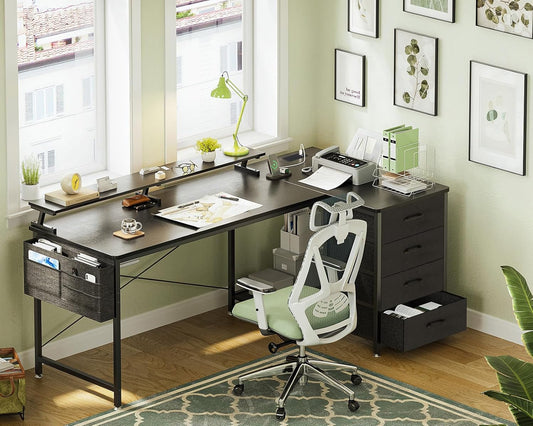 ODK Corner Desk with Drawers, L Shaped Computer Desk 160x80cm with USB Charging Port & Power Outlet, Home Office Desk with Monitor Stand and PC Stand, Gaming Desks Workstations, Black