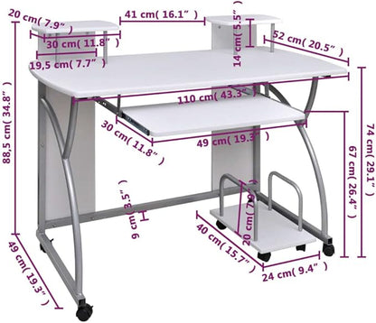 Computer Desk Plywood White 110 x 52 x 88.5 cm, Laptop Desk, Study Desk for Home Office, Study Table or Writing Table