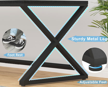 LVB Large Black Desk Long Computer Table for Home Office, Modern Wide Executive Work Table for Writing Study, Simple Wood Metal Computer Table Gaming Table Workstation in Bedroom, Black Oak, 70 in