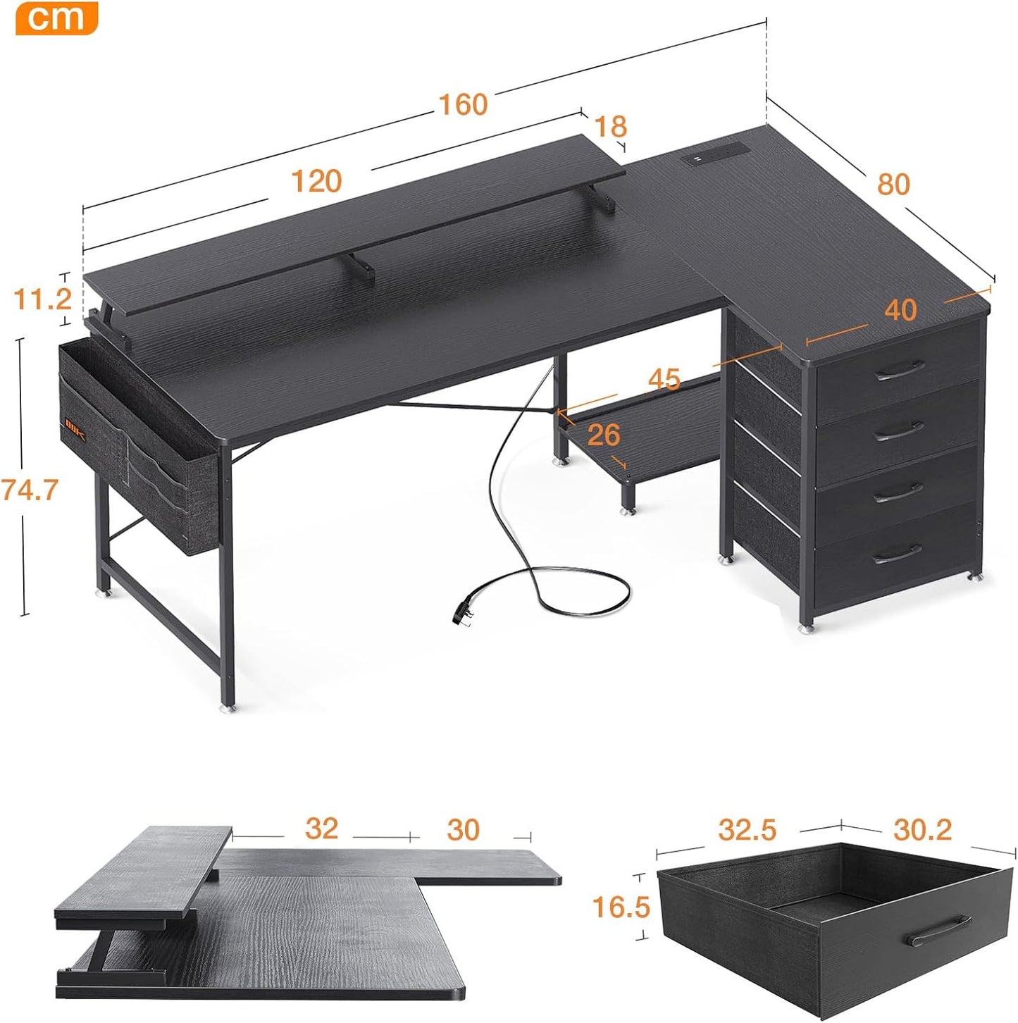 ODK Corner Desk with Drawers, L Shaped Computer Desk 160x80cm with USB Charging Port & Power Outlet, Home Office Desk with Monitor Stand and PC Stand, Gaming Desks Workstations, Black