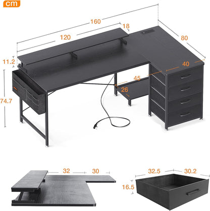 ODK Corner Desk with Drawers, L Shaped Computer Desk 160x80cm with USB Charging Port & Power Outlet, Home Office Desk with Monitor Stand and PC Stand, Gaming Desks Workstations, Black