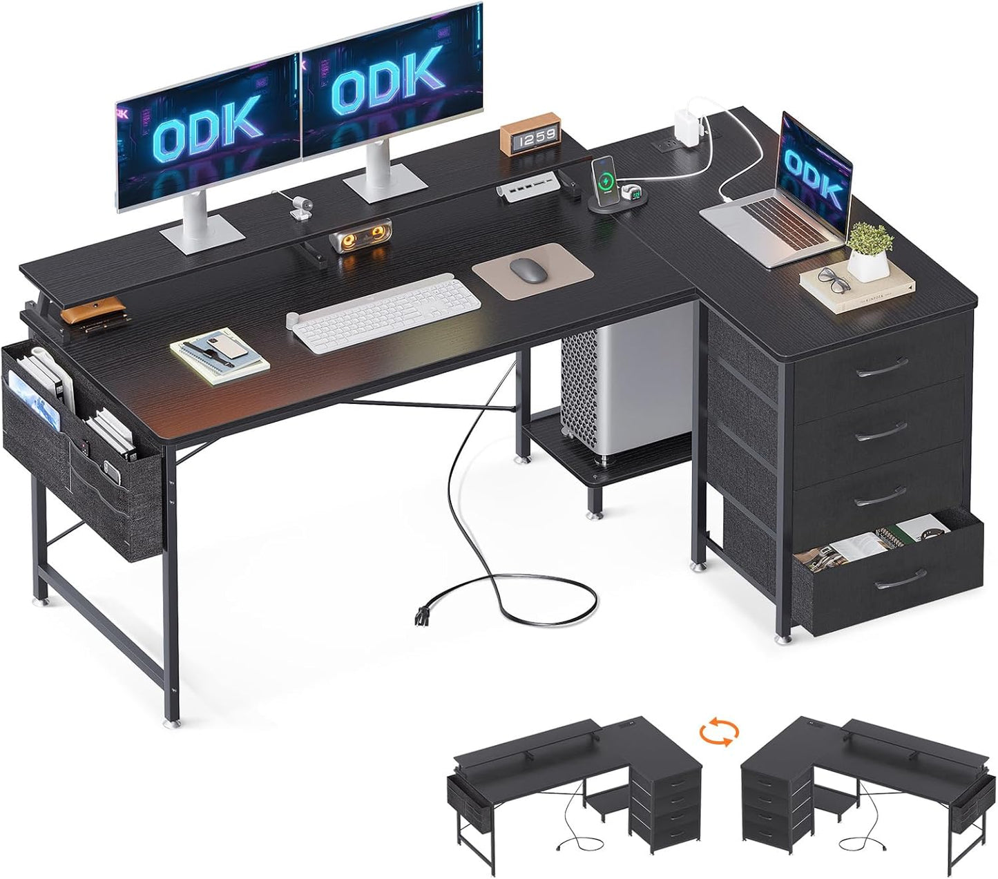 ODK Corner Desk with Drawers, L Shaped Computer Desk 160x80cm with USB Charging Port & Power Outlet, Home Office Desk with Monitor Stand and PC Stand, Gaming Desks Workstations, Black