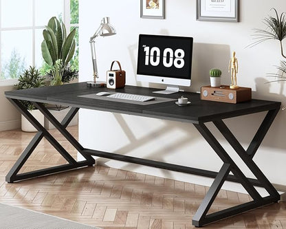 HSH Black Computer Desk, Large Modern Workstation Home Office Desk, Long Industrial Study Gaming Work Writing Desk for 2 Person, Farmhouse Double Wood Executive Pc Table with Storage in Bedroom, 180cm
