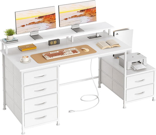 Flrrtenv 128cm Desk with Fabric File Cabinet, Computer Table with Shelves and Drawer, Industrial Writing Table with Monitor Stand, Study Table Workstation for Home Office, White