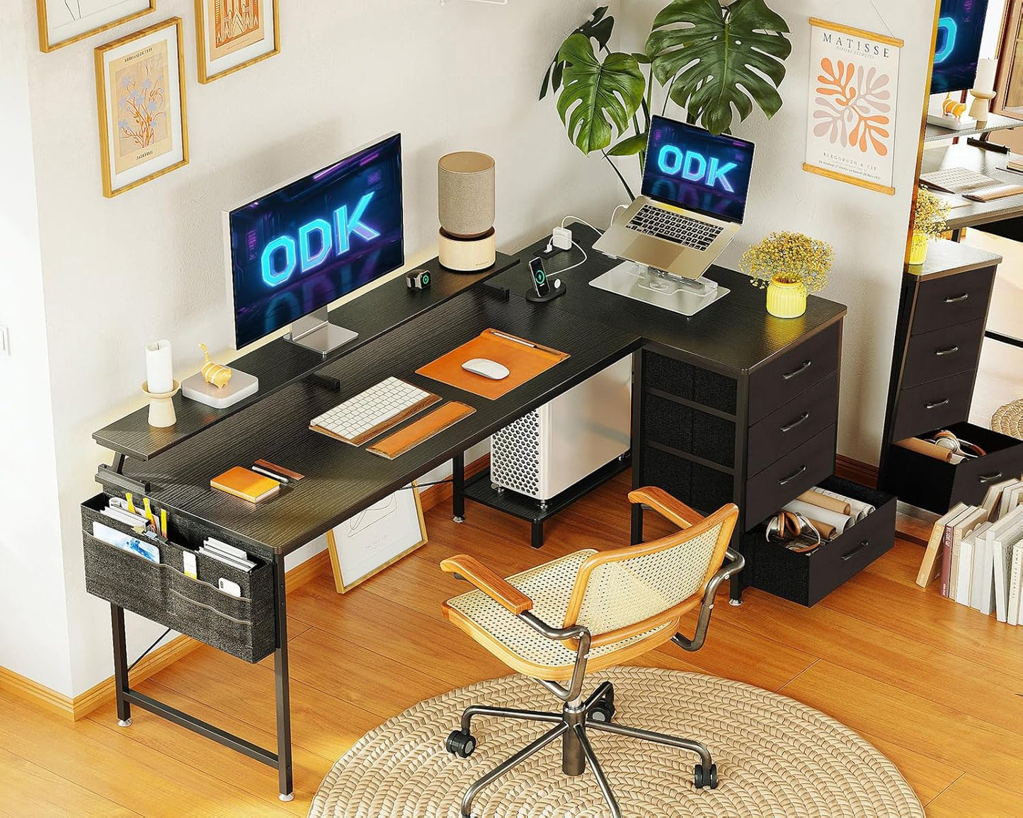 ODK Corner Desk with Drawers, L Shaped Computer Desk 160x80cm with USB Charging Port & Power Outlet, Home Office Desk with Monitor Stand and PC Stand, Gaming Desks Workstations, Black