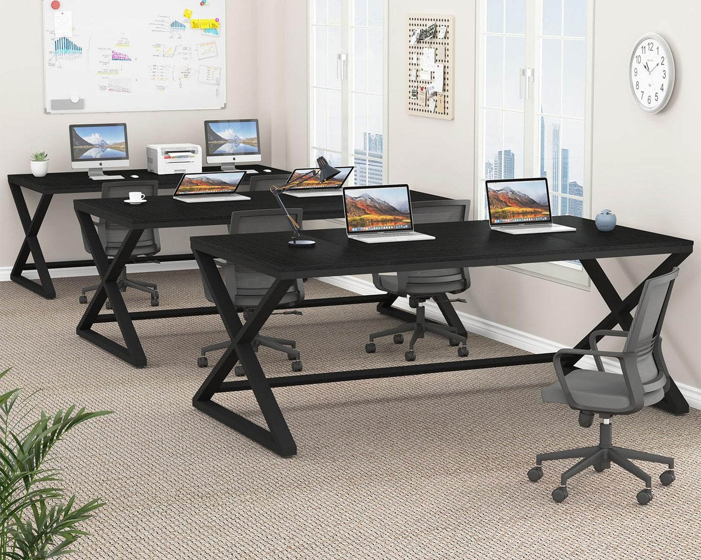 LVB Large Black Desk Long Computer Table for Home Office, Modern Wide Executive Work Table for Writing Study, Simple Wood Metal Computer Table Gaming Table Workstation in Bedroom, Black Oak, 70 in