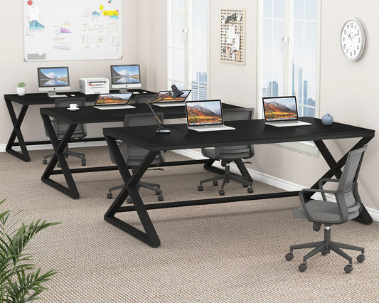 LVB Large Black Desk Long Computer Table for Home Office, Modern Wide Executive Work Table for Writing Study, Simple Wood Metal Computer Table Gaming Table Workstation in Bedroom, Black Oak, 70 in