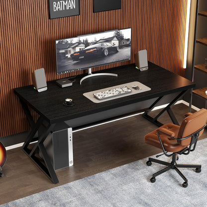 LVB Black Desk, Modern Gaming Writing Computer Desk for Home Office, Metal Wood Study Work PC Computer Table for Bedroom, Industrial Executive Student Workstation Desk, 47 Inch, Black Oak
