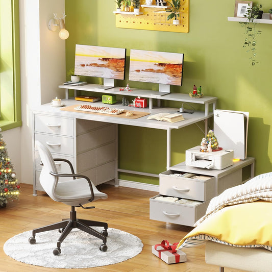 Flrrtenv 128cm Desk with Fabric File Cabinet, Computer Table with Shelves and Drawer, Industrial Writing Table with Monitor Stand, Study Table Workstation for Home Office, White